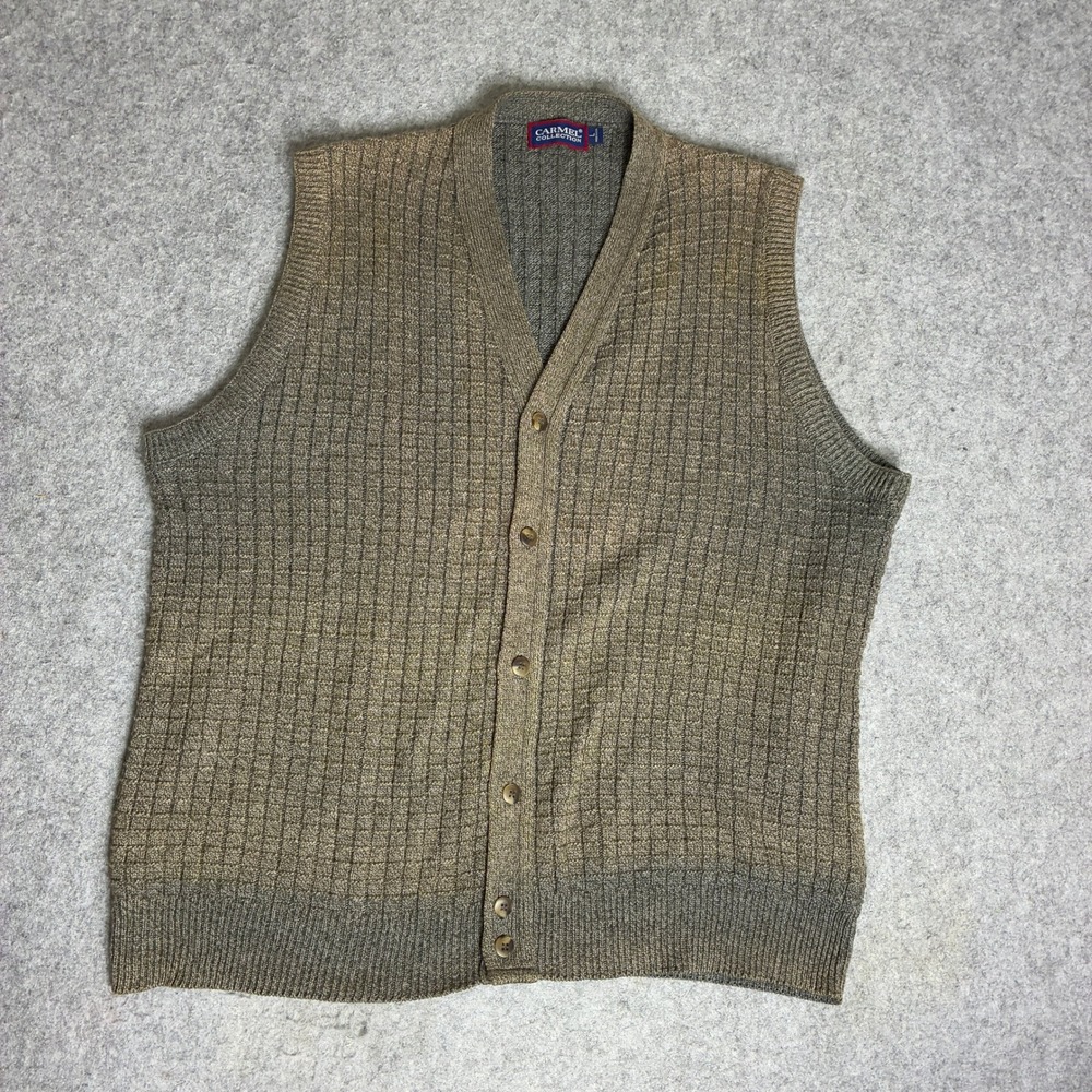 Carmel Collection Mens V-Neck Cardigan Sweater Vest Olive Green Waffle Knit L